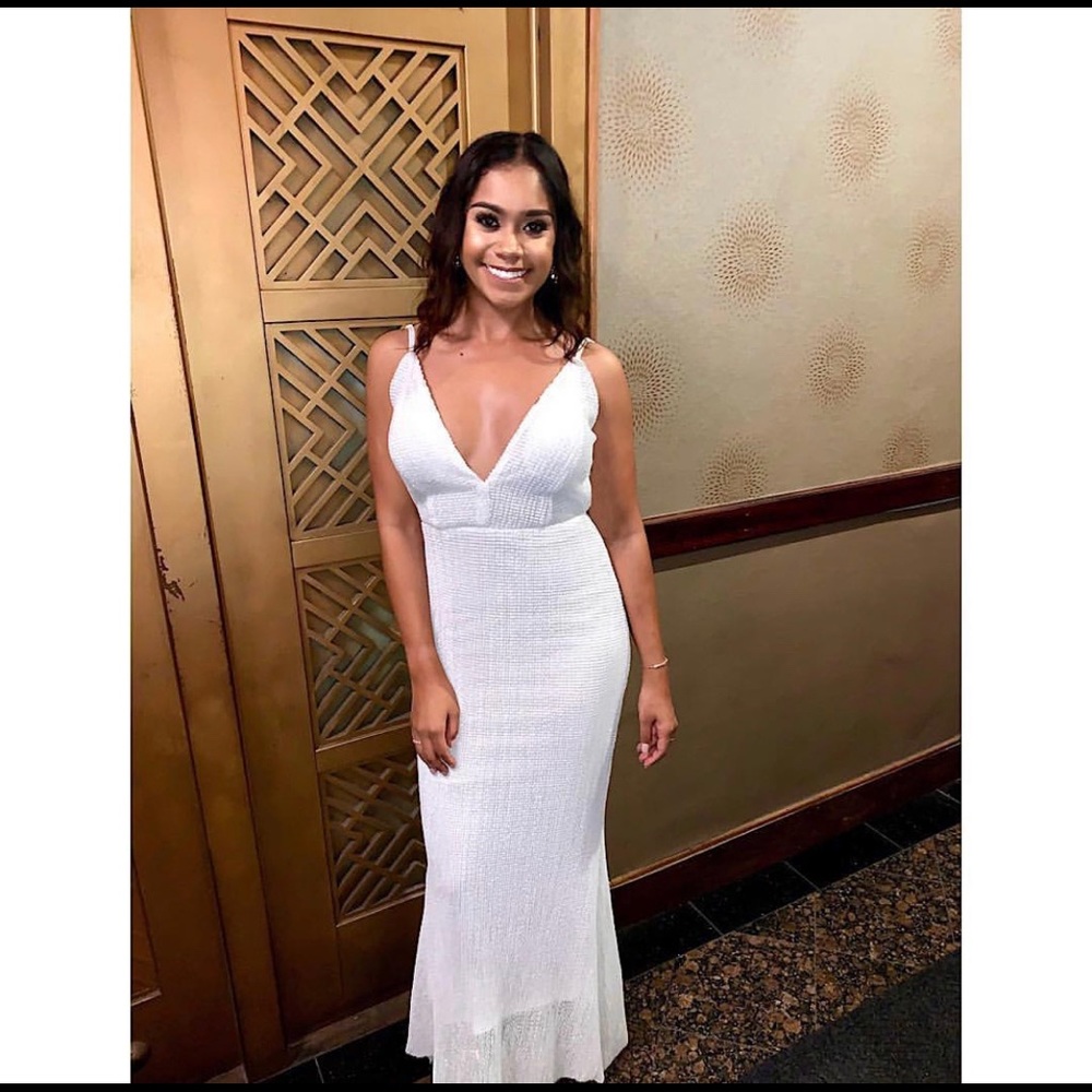 White sequin spaghetti strap backless gown